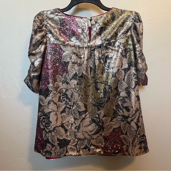BY ANTHROPOLOGIE Marie Sequin Puff Sleeve Floral Blouse Magenta Sz 10 Like New - Picture 8 of 14